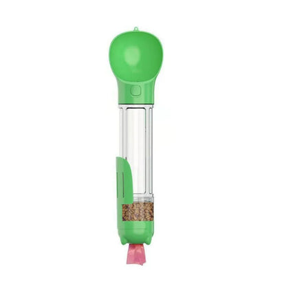 Botella 3 en 1 para perros en color verde con compartimento para comida