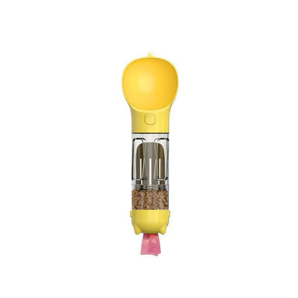Botella 3 en 1 para perros en color amarillo con pienso en el compartimento inferior
