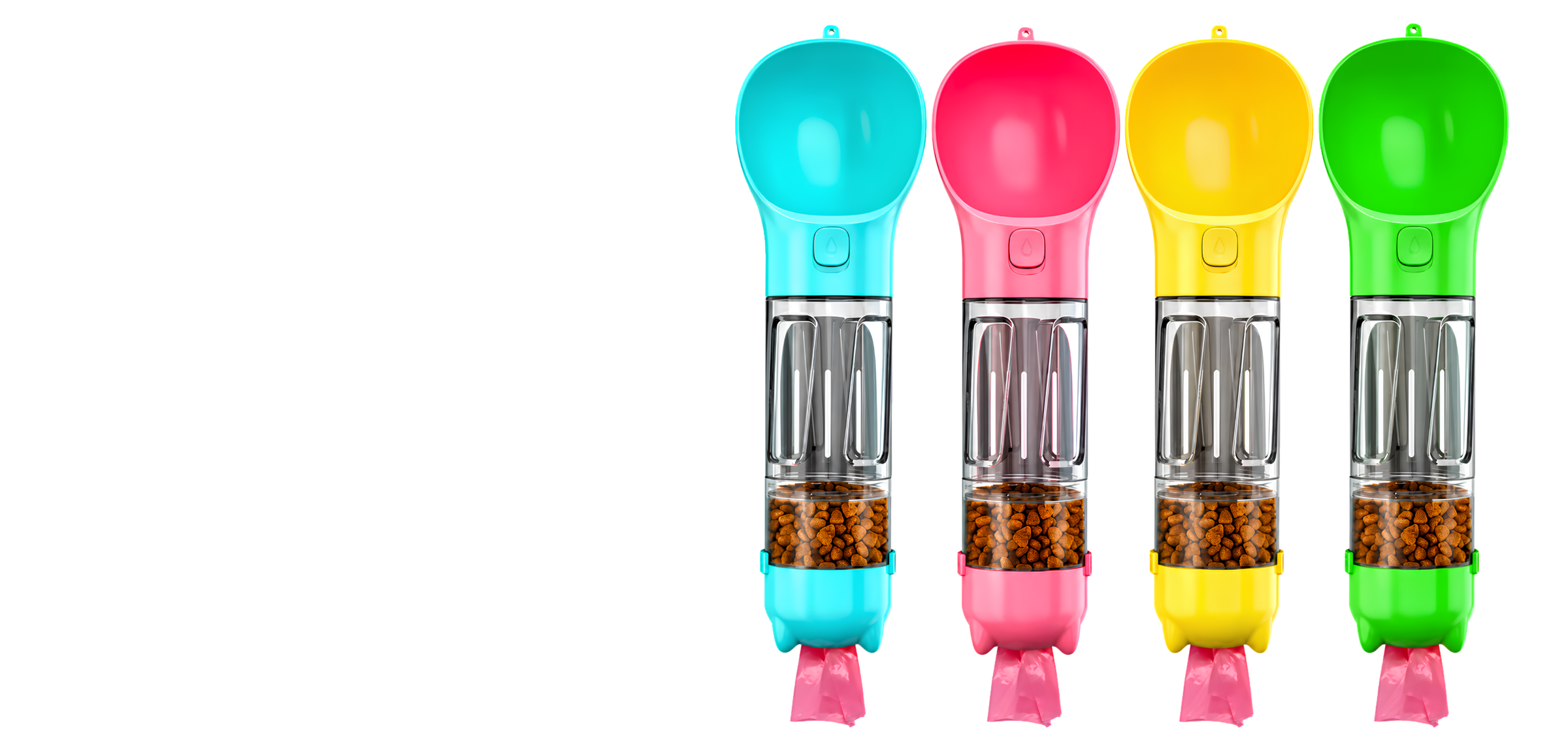 Los cuatro colores de la botella 3 en 1 para perros: azul turquesa, rosa, amarillo y verde